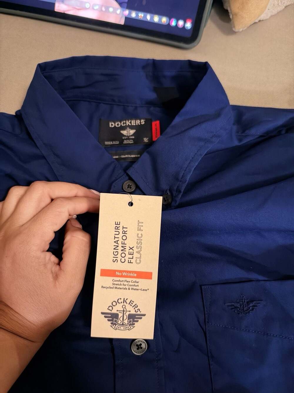 Dockers Signature Comfort Flex Classic Fit Shirt Blue No Wrinkle